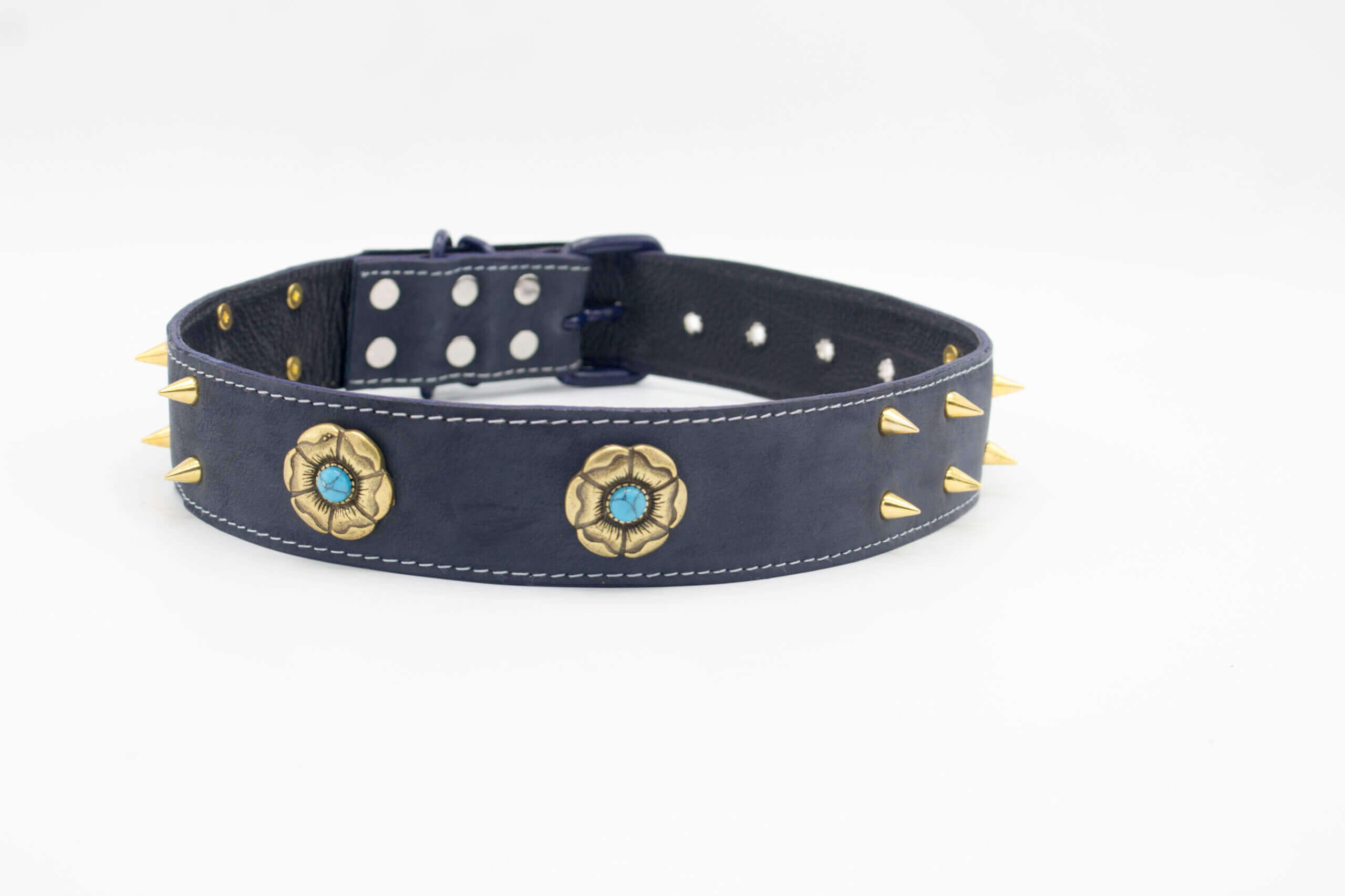 Golden Flower Dog Collar | Genghis Turquoise Queen Stud Leather Collar